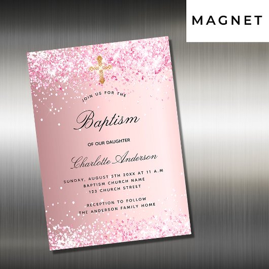 Invitation Magnétique Baptême rose vif parties scintillant fille luxe