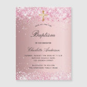 Invitation Magnétique Baptême rose vif parties scintillant fille luxe (Devant)