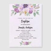 Invitation Magnétique Baptême violet fleurs verdure croisent luxe (Devant)