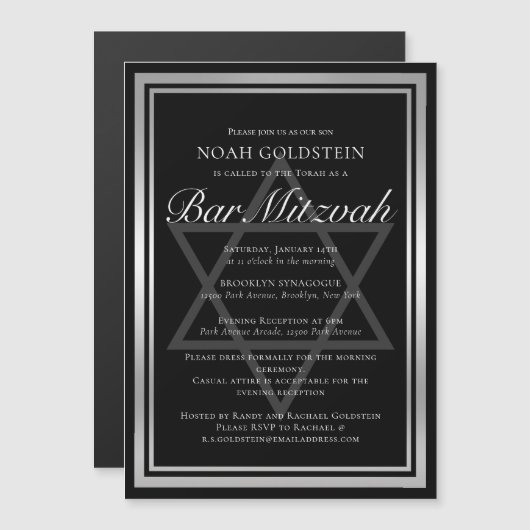 Invitation Magnétique Bar Mitzvah noir et argent élégant (Devant / Derrière)