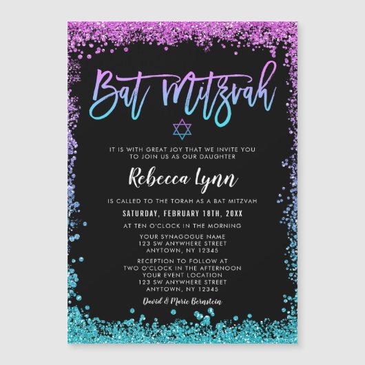 Invitation Magnétique Bat mitzvah de Parties scintillant Turquoise viole (Devant)