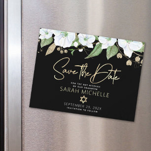Invitation Magnétique Batz Mitzvah Script Floral Save the Date en or noi
