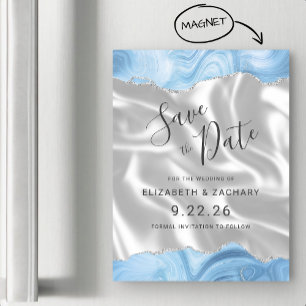 Invitation Magnétique Bébé Bleu Argent Agate Blanc Soie Enregistrer la D