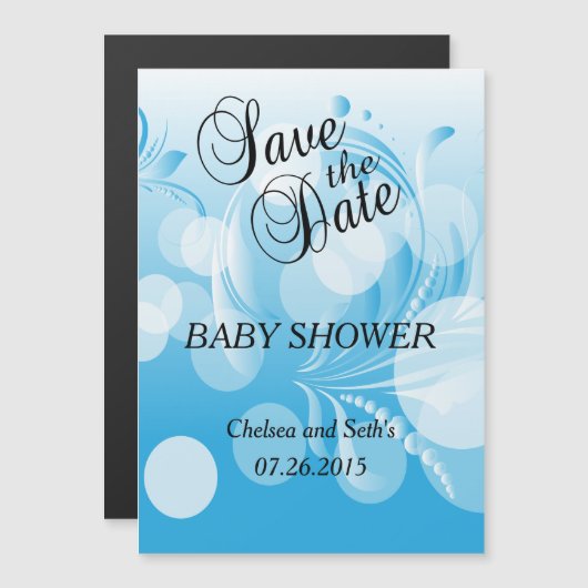 Invitation Magnétique Bébé doux Florid Bokeh bleu | Baby Boy Shower (Devant / Derrière)