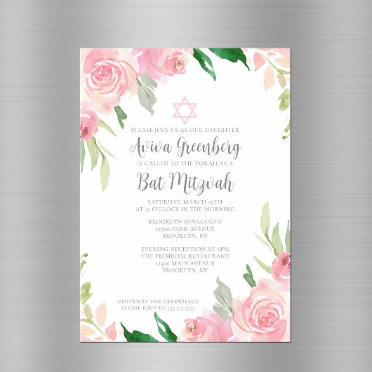 Invitation Magnétique Belle fête Bat mitzvah rose
