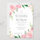 Invitation Magnétique Belle fête de Bat Mitzvah aux fleurs roses (Recto)