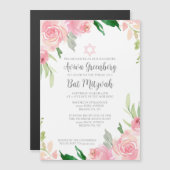 Invitation Magnétique Belle fête de Bat Mitzvah florale rose (Devant / Derrière)