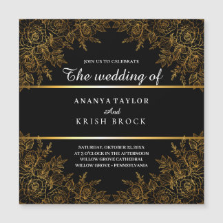 Invitation Magnétique Black Glam et or Floral, Mariage