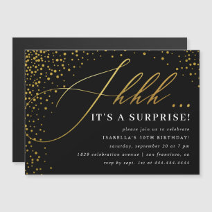 Invitation Magnétique Black & Gold Confetti Script Surprise Party