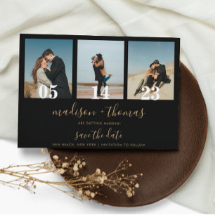 Invitation Magnétique Black Gold Script 3 Photo Wedding Enregistrer La D
