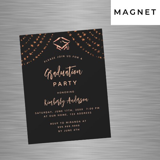 Invitation Magnétique Black rose or étoiles fête de graduation de luxe