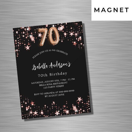 Invitation Magnétique Black rose or étoiles luxe 70e anniversaire