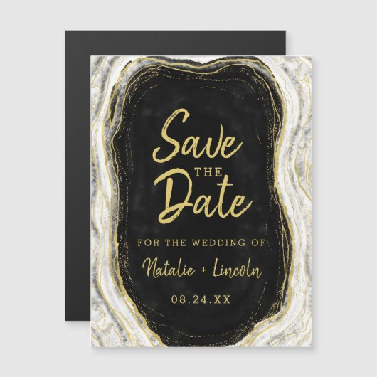 Invitation Magnétique Black White & Gold Geode Wedding Enregistrer la da (Devant / Derrière)