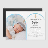 Invitation Magnétique Bleu arc photo garçon cross Baptême (Devant / Derrière)