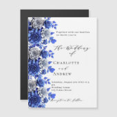 Invitation Magnétique Bleu blanc fleurs script mariage de luxe (Devant / Derrière)