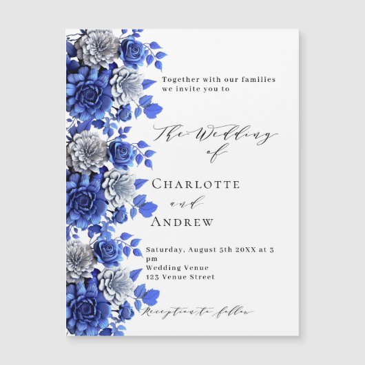Invitation Magnétique Bleu blanc fleurs script mariage de luxe (Devant)