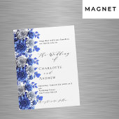 Invitation Magnétique Bleu blanc fleurs script mariage de luxe