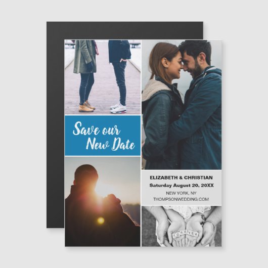 Invitation Magnétique Bleu Enregistrer notre nouvelle date Mariage photo (Devant / Derrière)