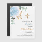 Invitation Magnétique Bleu floral verdure or croix garçon luxe baptême (Devant / Derrière)