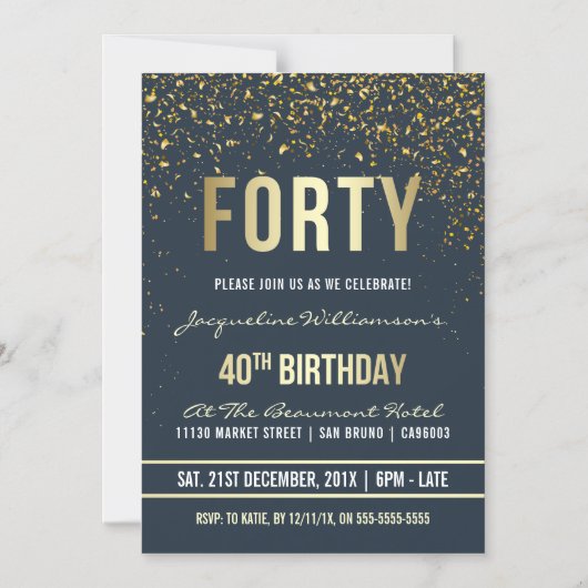 Invitation Magnétique Bleu foncé | Gold Confetti 40e fête d'anniversaire (Recto)