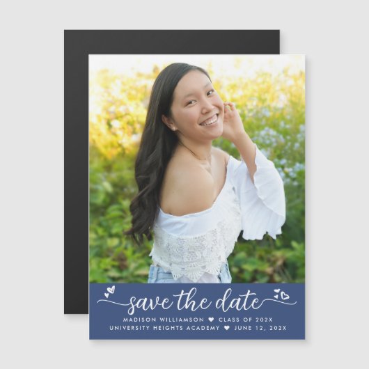 Invitation Magnétique Bleu Graduation Photo Enregistrer Date Script Coeu (Devant / Derrière)