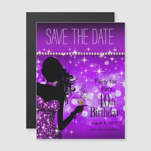Invitation Magnétique Bling Bombshell Sparkle Enregistrer la date| pourp (Devant / Derrière)