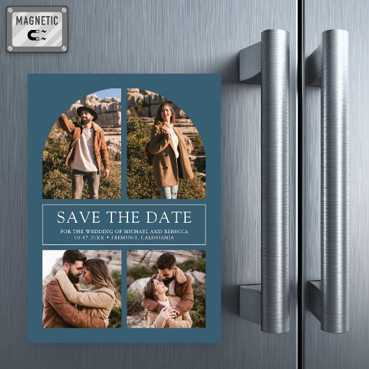 Invitation Magnétique Blue Arch Photo Collage Wedding Save the Date