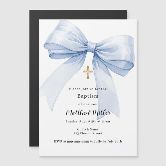Invitation Magnétique Blue bow boy Baptême (Devant / Derrière)