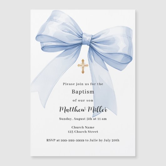 Invitation Magnétique Blue bow boy Baptême (Devant)