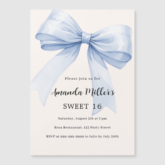 Invitation Magnétique Blue bow crème beige élégant Sweet 16 luxe (Devant)