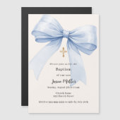 Invitation Magnétique Blue bow crème garçon Baptême (Devant / Derrière)