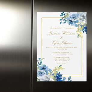Invitation Magnétique Blue Gold Floral Elégant Soirée d'hiver Mariage