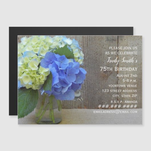 Invitation Magnétique Blue Hydrangea Barnwood Mason Jar Mature Anniversa (Devant / Derrière)