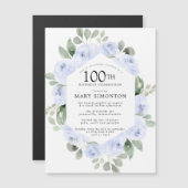 Invitation Magnétique Blue Rose Floral Eucalyptus 100e anniversaire (Devant / Derrière)