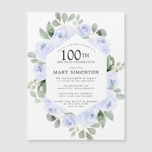 Invitation Magnétique Blue Rose Floral Eucalyptus 100e anniversaire (Devant)