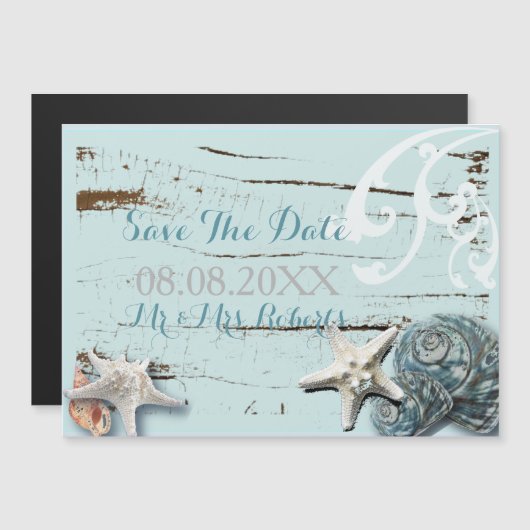 Invitation Magnétique BLue Seashells Beach Mariage (Devant / Derrière)