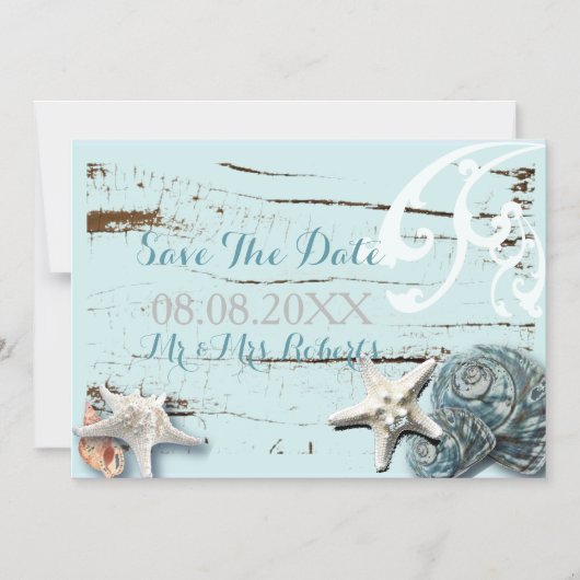 Invitation Magnétique BLue Seashells Beach Mariage (Recto)