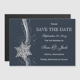 Invitation Magnétique Blue Silver Snowflakes hiver enregistrer la date