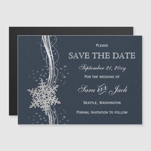 Invitation Magnétique Blue Silver Snowflakes hiver enregistrer la date (Devant / Derrière)