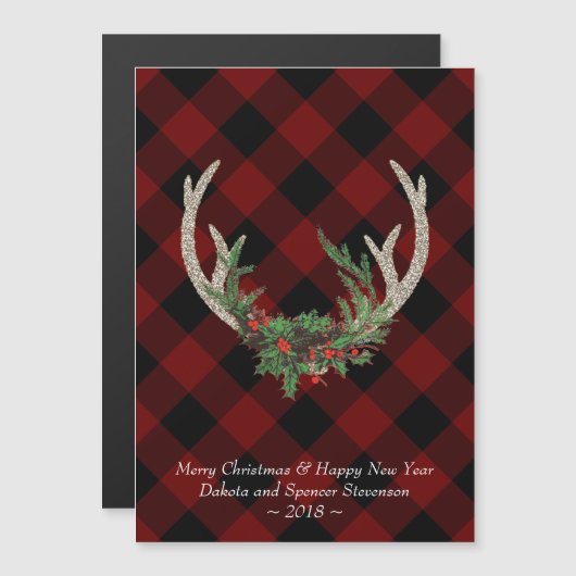 Invitation Magnétique Boho Deer Antlers| Floral plaid de Noël (Devant / Derrière)