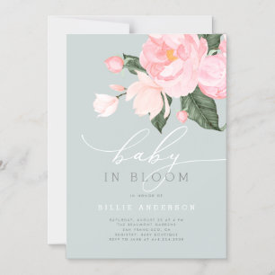 Invitation Magnétique Boho Dusty Blue Blush Floral Baby in Bloom Shower
