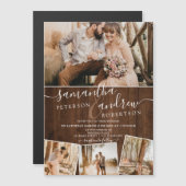 Invitation Magnétique Bois brun rustique chic script 4 photos mariage (Devant / Derrière)