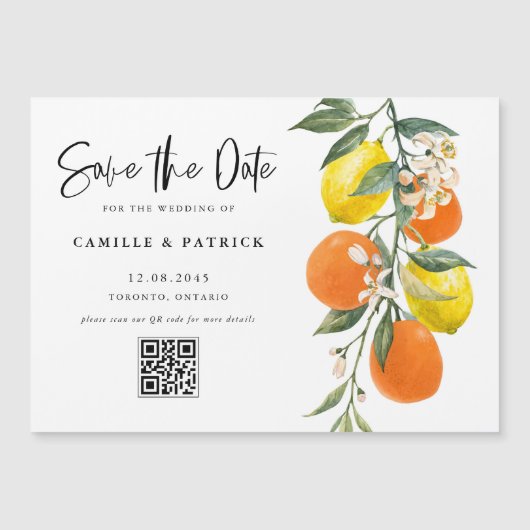 Invitation Magnétique Botanical Orange and Lemon QR Code Save the Date (Devant)