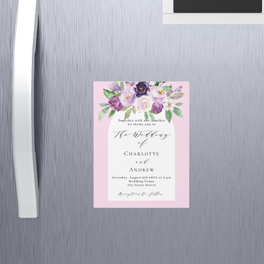 Invitation Magnétique Bouquets d'aquarelle rose violet arche mariage de