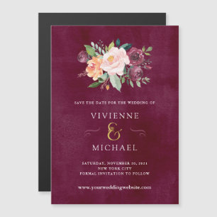 Invitation Magnétique Bourgogne Mariage floral Enregistrer la date