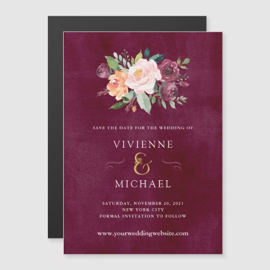 Invitation Magnétique Bourgogne | Mariage floral Enregistrer la date (Devant / Derrière)