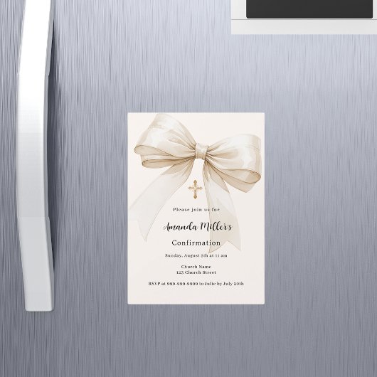 Invitation Magnétique Bow crème beige fille Confirmation