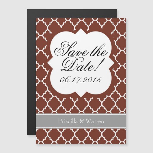 Invitation Magnétique Brown Quatrefoil Blanc Enregistrer l'aimant Date (Devant / Derrière)