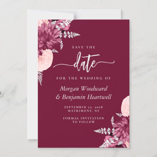 Invitation Magnétique Burgundy Blush Silver Floral Wedding Save the Date (Recto)