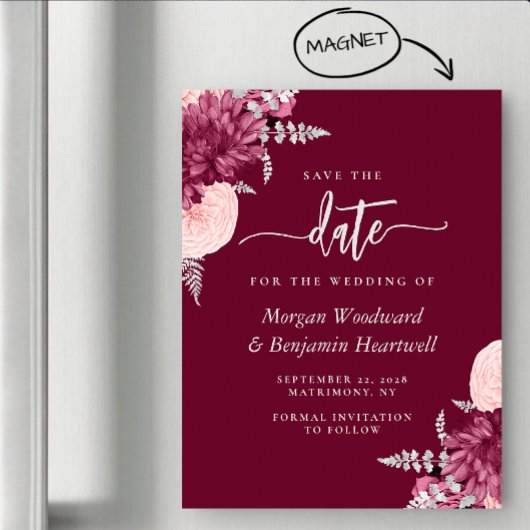 Invitation Magnétique Burgundy Blush Silver Floral Wedding Save the Date